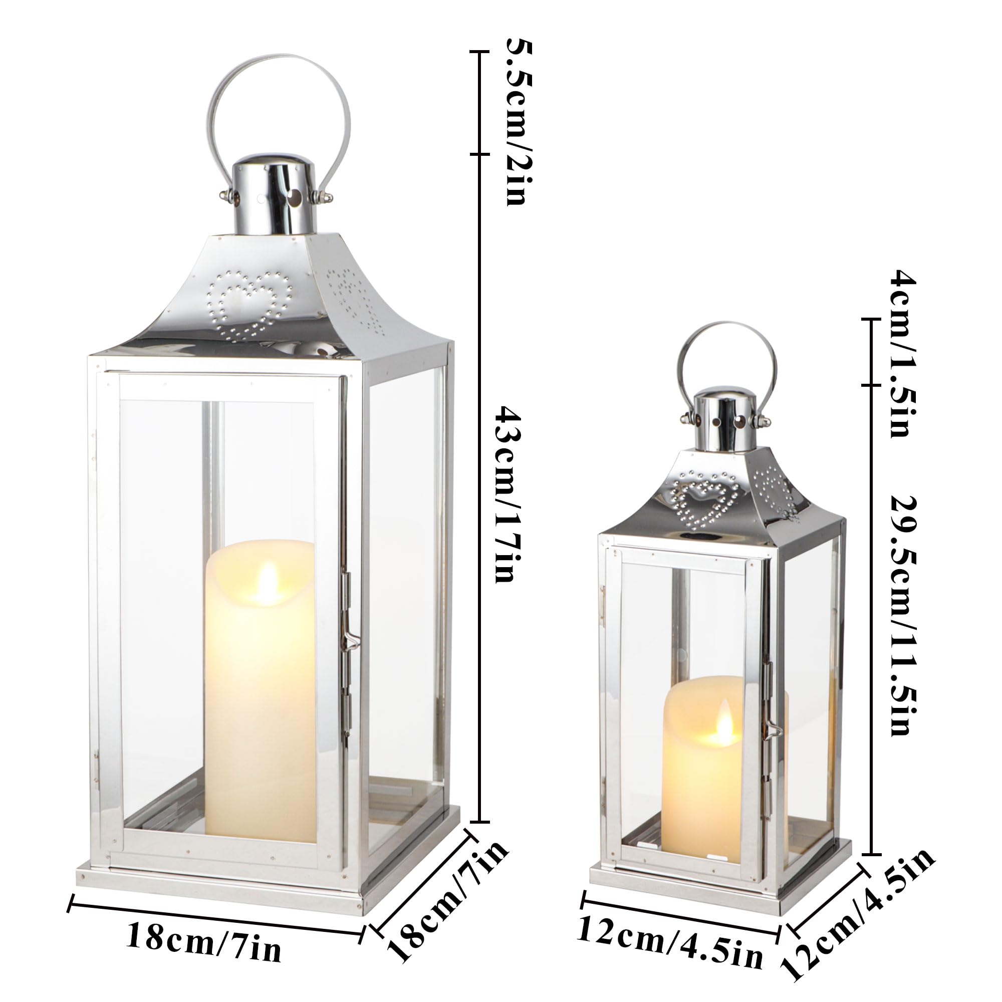 TRIROCKS Set mit 2 Dekorativen Laternen aus Edelstahl, 43&30cm Hoch, Kerzenhalter aus Metall mit Gehärtetem Glas für Zuhause Wohnzimmer Garten Hof Partys Event Indoor Outdoor (Silber)