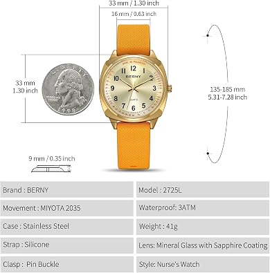 BERNY Nurse Watch with Second Hand Nursing, Analog Wrist Watch for Nurse, Medical Professionals, Students, Women, Men, Easy Read Dial with Pulse Meter Function, 12 Hour Military Time 30M Waterproof
