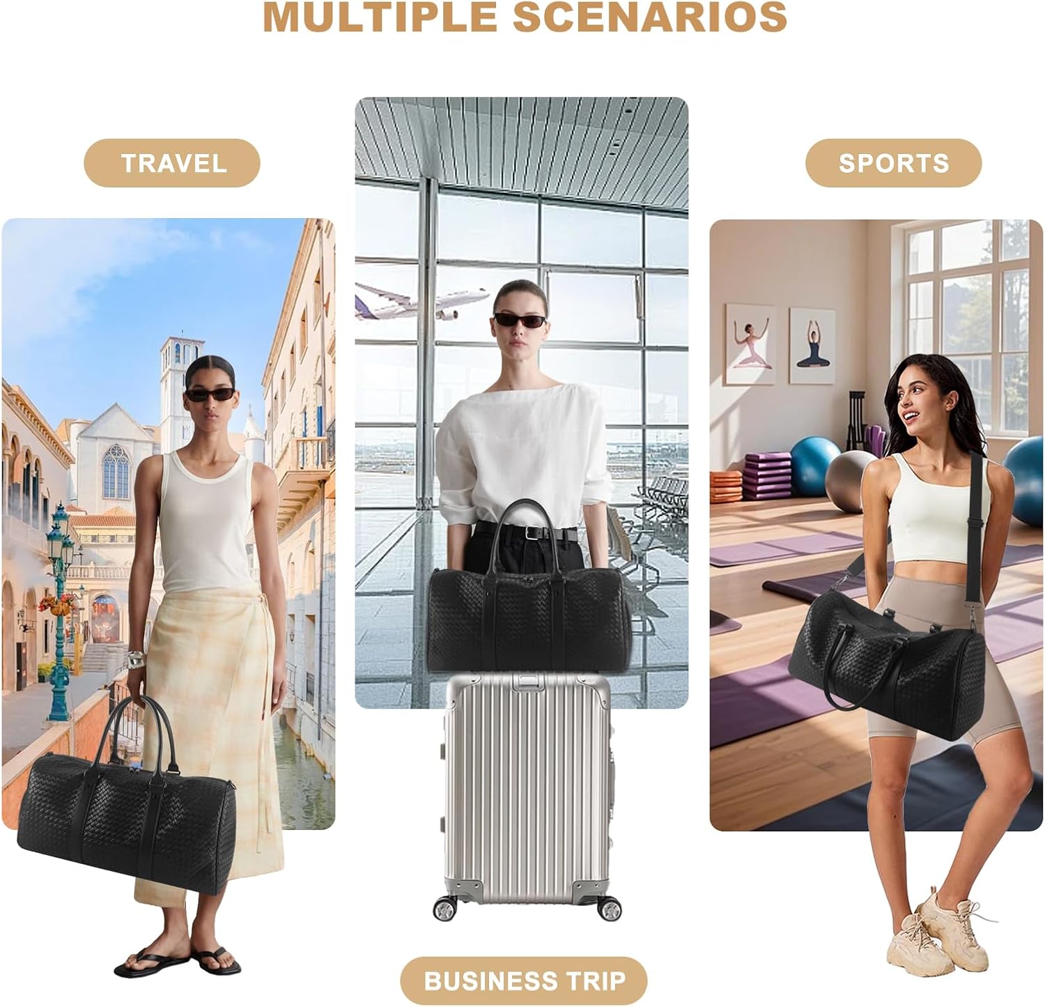 Weekender Bags for Women Woven Leather Travel Duffel Bag with Shoe Compartment, Carry On Garment Bag for Men Women, Large Capacity Water-resistant Gym Tote (Black) - Image 6