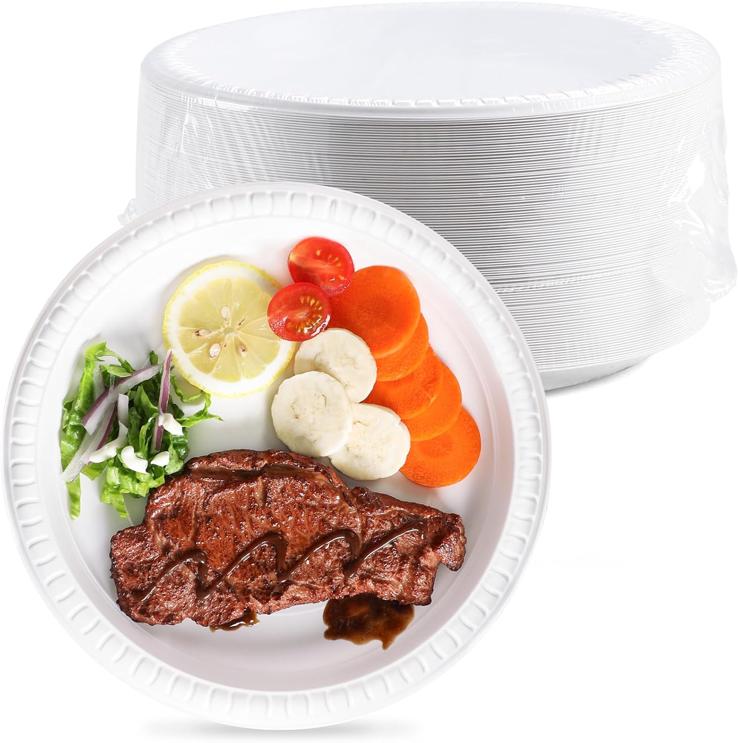 YANGRUI Plastic Plates Shrink Wrap 9" 150 Pack - BPA Free Mineral Filled PP | Dishwasher Freezer & Microwave Safe | Reusable & Disposable Heavy Duty | Commercial White Shatter Resistant Party Plate