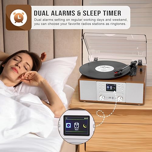 Miniatura 7 de Tocadiscos Bluetooth retro 10 en 1 con altavoces estéreo integrados, tocadiscos inalámbricos de 3 velocidades para vinilo, CD, MP3, USBSD, radio por