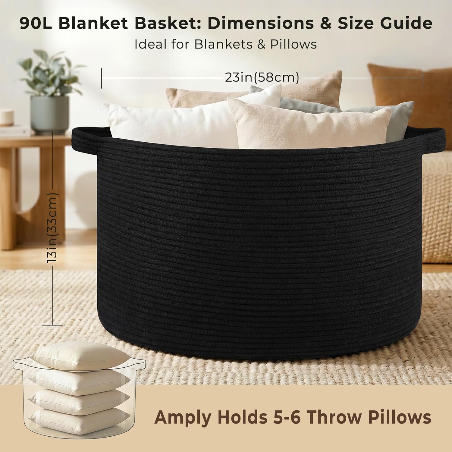 OIAHOMY 90L Blanket Basket for Living Room, Large Basket 23" x 23" x 13" with Handle, Laundry Hamper for Blankets, Pillows, Toy Storage for Kids, Dogs - Black