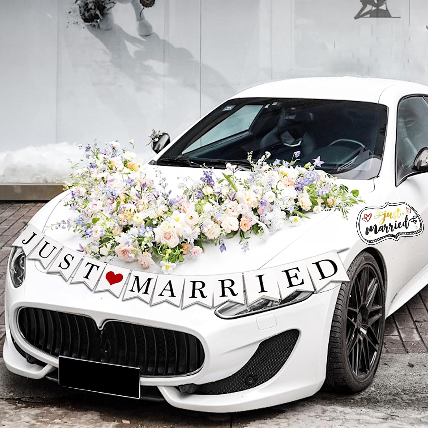 Just Married Car Decorations Set - Includes 4 Ornate Magnetic Signs (12x7.5 in), Window Decals (22.4x5.1 in) & "Just Married" Banner for Wedding Day & Honeymoon Car Deco