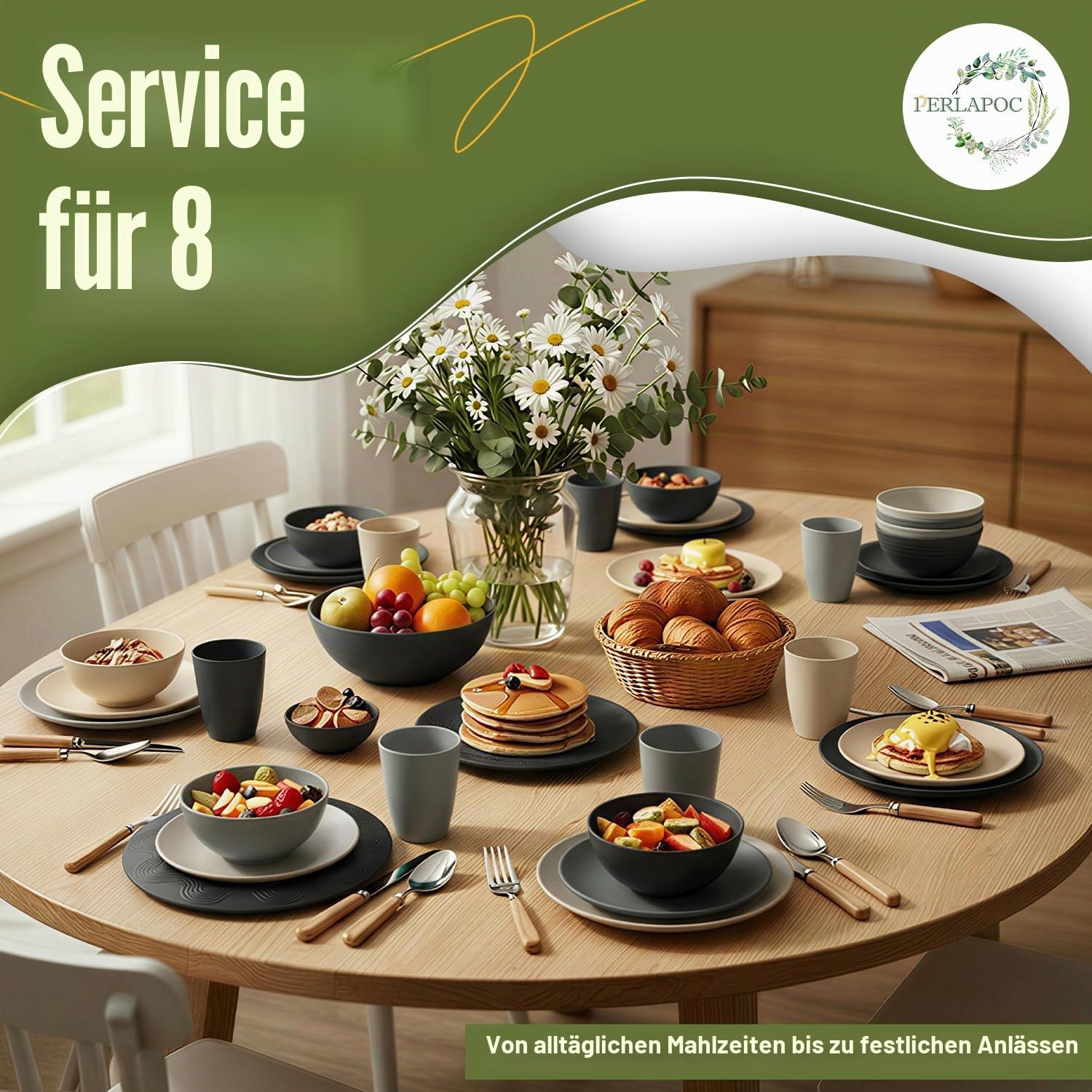 40-teiliges Geschirr-Set aus Weizenstroh, Service für 8 Kunststoffgeschirr-Set, unzerbrechliche Teller und Schüsseln, Trinkgläser, spülmaschinen- und mikrowellengeeignet, Geschirr-Set für