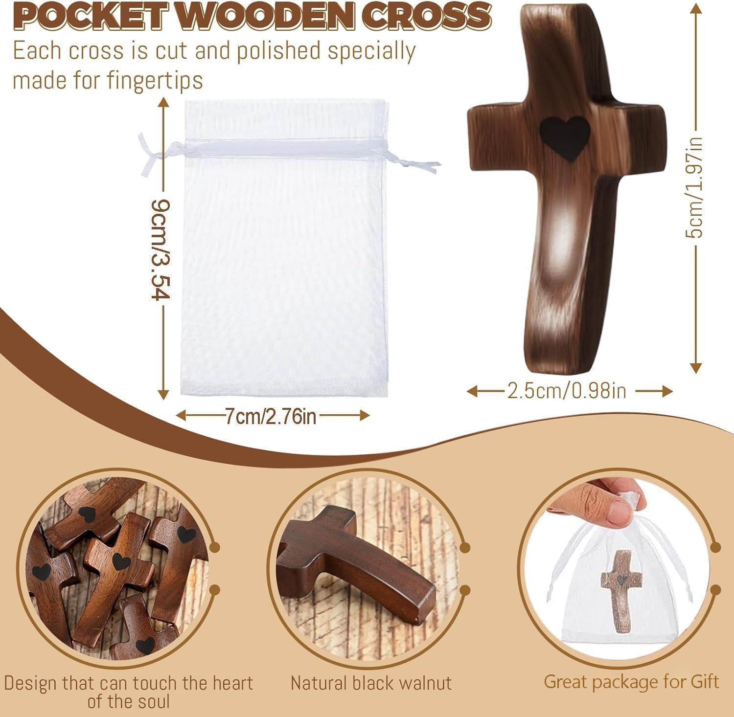 Brevynx 100Pcs Wooden Cross Fidget bulk - Pocket Cross My Heart with Organza Bags - Stress Relief Fidget for Christian, Pocket Prayer Cross, Religious Easter