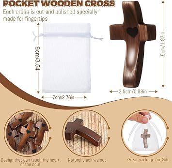 Handmade 3Pcs Pocket Wooden Cross with Organza Bags - Stress Relief Cross My Heart for Christian, Religious Easter Day Gifts