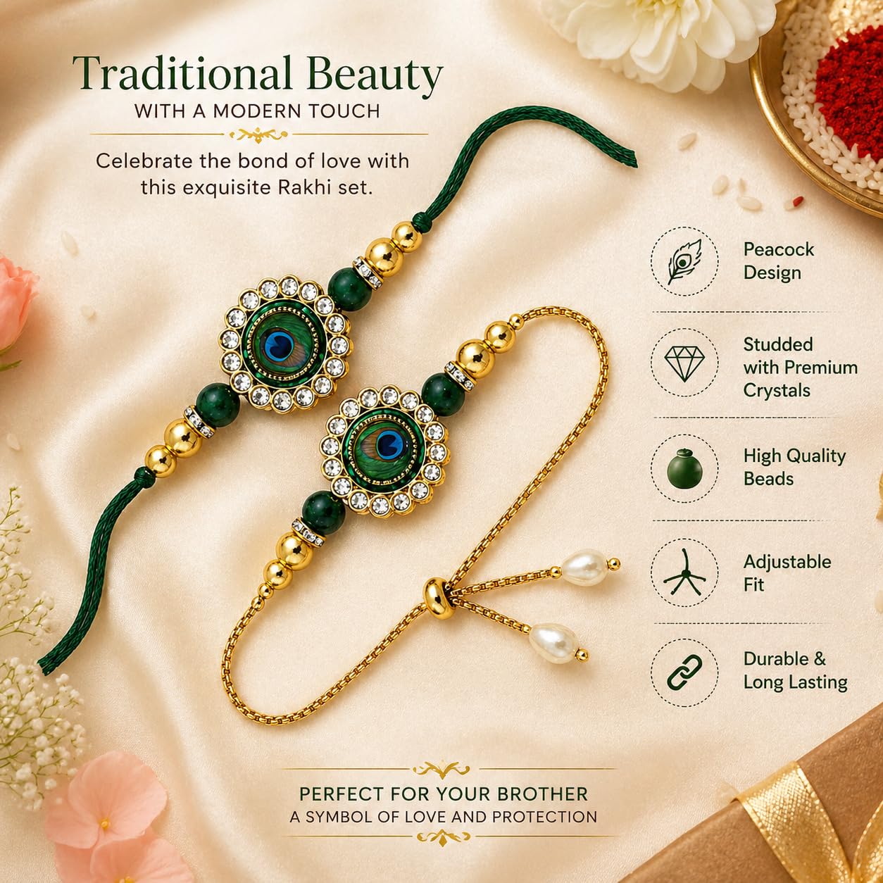 Gold Kundan Rakhi Set - Raksha Bandhan Gift -6 Gold Kundan Rakhi Set - Raksha Bandhan Gift -6