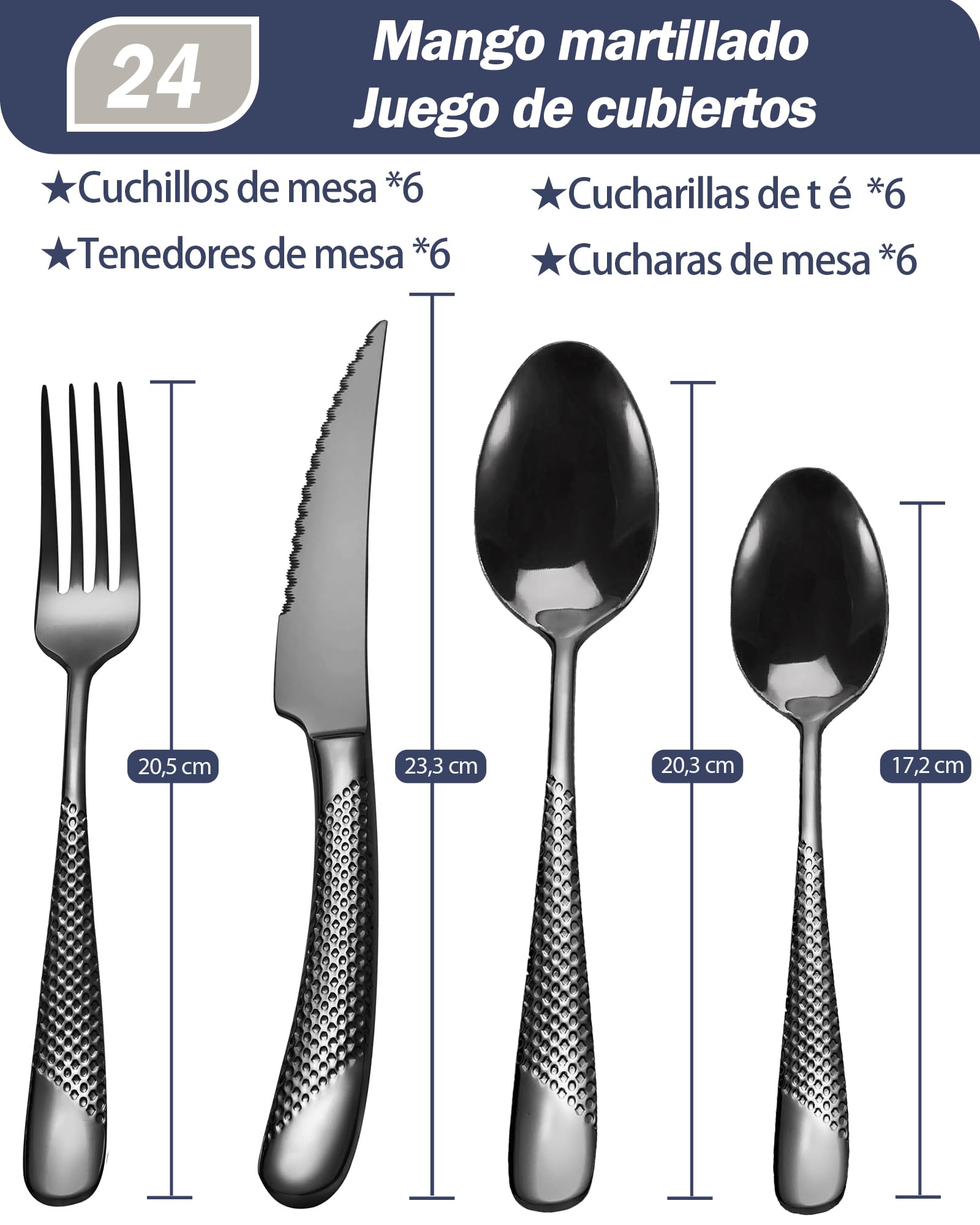 Juego de cubiertos martillados negro modernos de 24 piezas con cuchillo dentado 2 en 1 ultra afilado, set de cubiertos acero inoxidable 18/10, cuberterias completas 6 personas