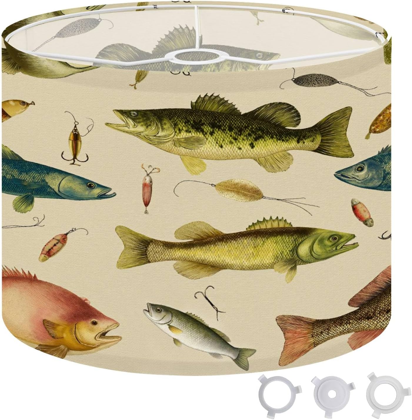 Linen Drum Lamp Shades 1 Pack, 13''Wx10"H, Vintage Fishing Lures Fish Illustrations Beige Replacement Lampshades for Floor Lamps Table Lamps Modern Farmhouse Lampshade Easy Assembly