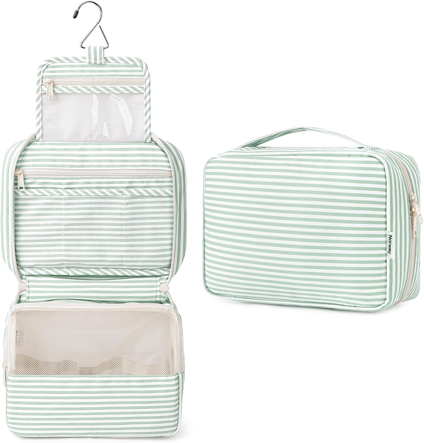 Narwey Stripe Hanging Toiletry Bag Women Travel Toiletries Bag Cosmetic Makeup Bag Water-Resistant Organizer for Girls (Mint Green Stripe)