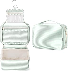 Narwey Stripe Hanging Toiletry Bag Women Travel Toiletries Bag Cosmetic Makeup Bag Water-Resistant Organizer for Girls (Mint Green Stripe)