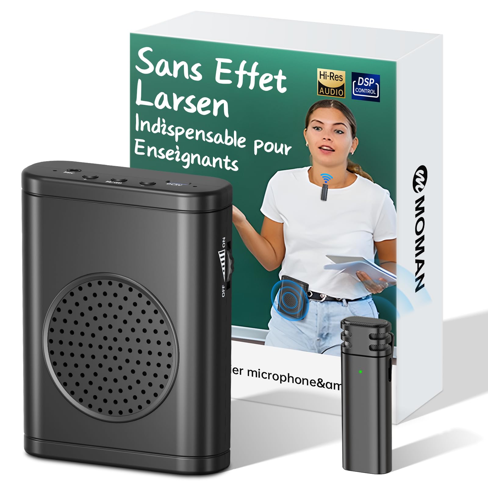 Moman Amplificateur de Voix avec Micro Cravate sans Fil, Haut-Parleur Portable sans Effet Larsen, Système de Sonorisation Personnel pour Enseignants