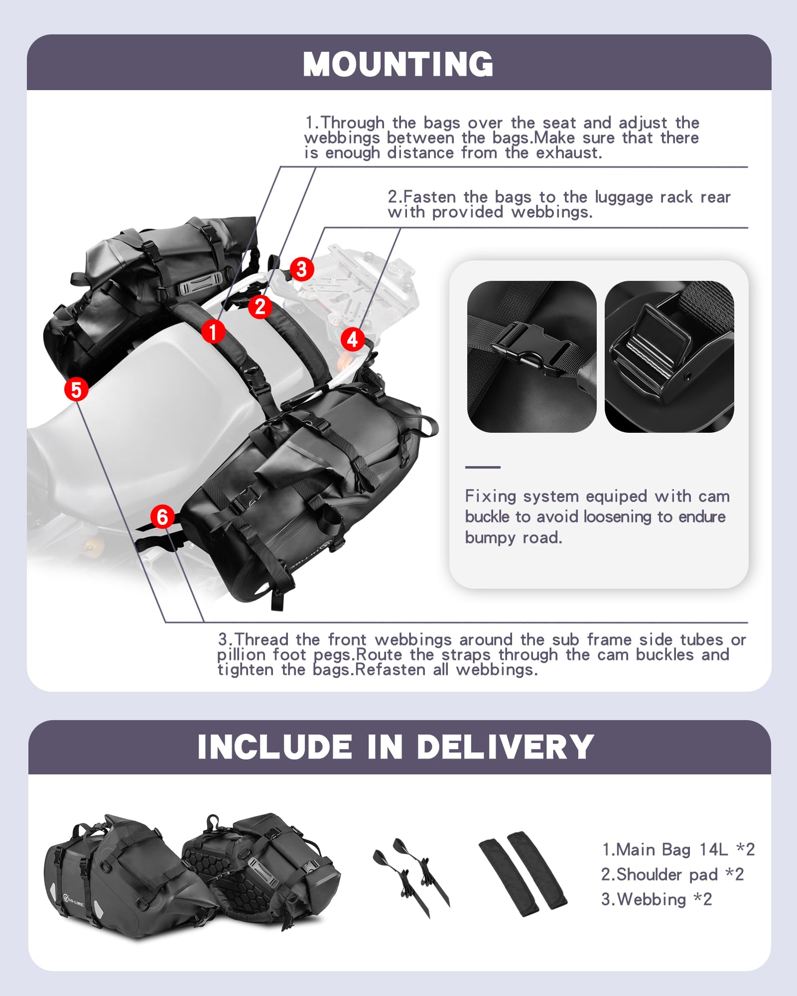 HI-LINE Sacoches de moto 28 L (14 L x 2) imperméables pour porte-bagages latéraux d'aventure