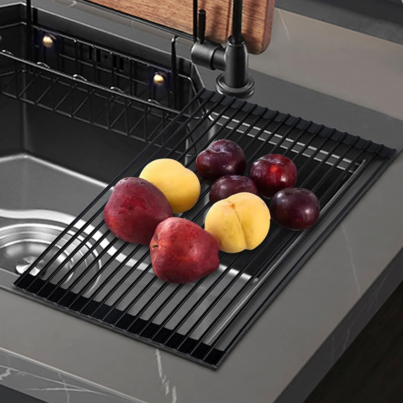 Escurridor plegable de acero inoxidable para secar sobre el fregadero, organizador de cocina multifuncional para platos, cuencos, frutas y verduras (negro, XXXXgrande)
