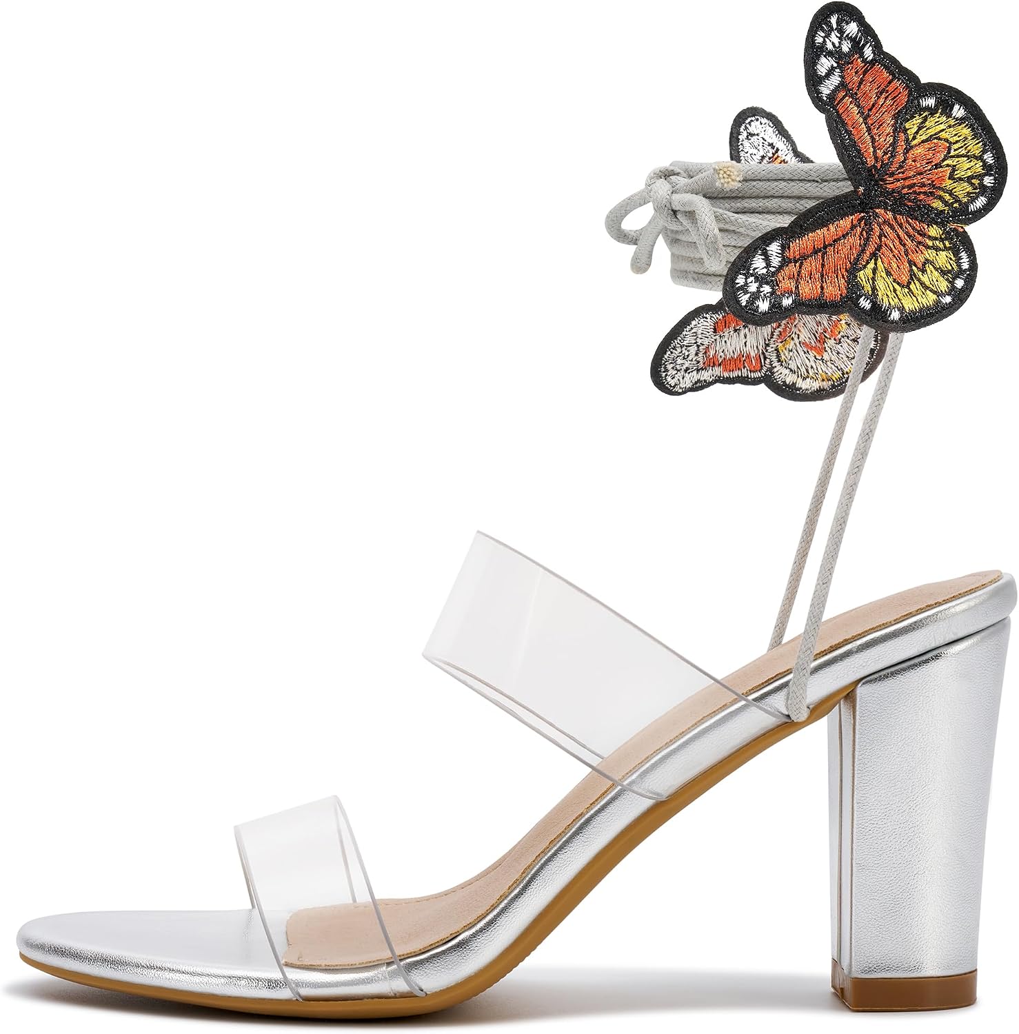 Aomigoct Womens Strappy Chunky Heels: Butterfly Lace-Up & Clear Upper for Prom - 3.35" Stable Block Heel & Cushioned Insole for All-Night Comfort - Style Seekers