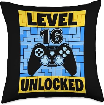 Pretees Level 16 Unlocked Gamer Video Game Player 16th Birthday Throw Pillow, 18x18, Multicolor