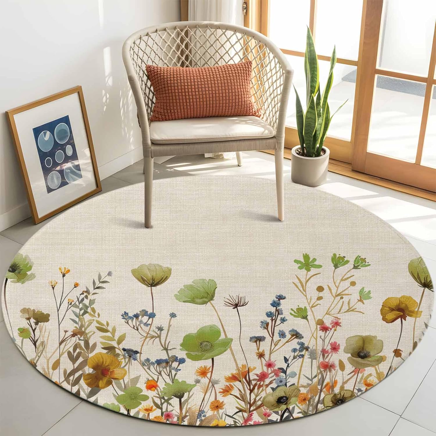 Green Flowers 4ft Round Area Rugs, Plants Watercolor Floral Retro Linen Non-Shedding Plush Area Rug with Rubber Backing, Ultra Soft Circle Rugs for Living Room, Dining Room, Bedroom, Office