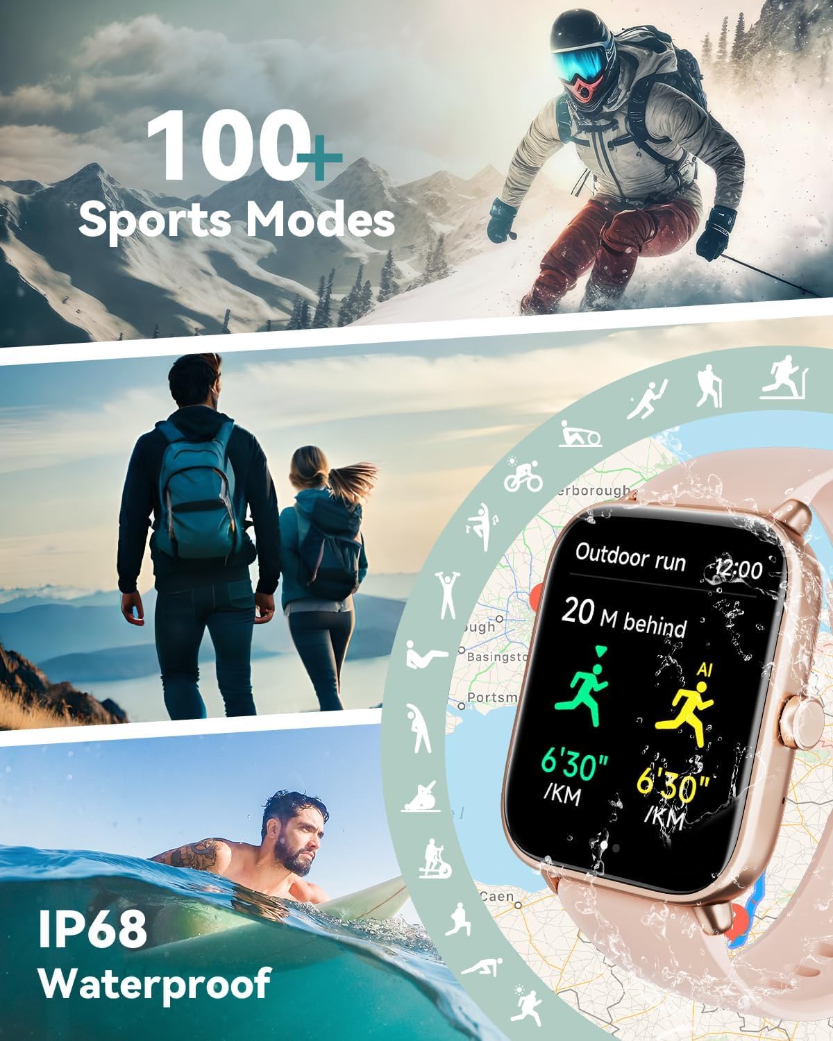 Collage showing various sports activities and smartwatch displaying outdoor run data