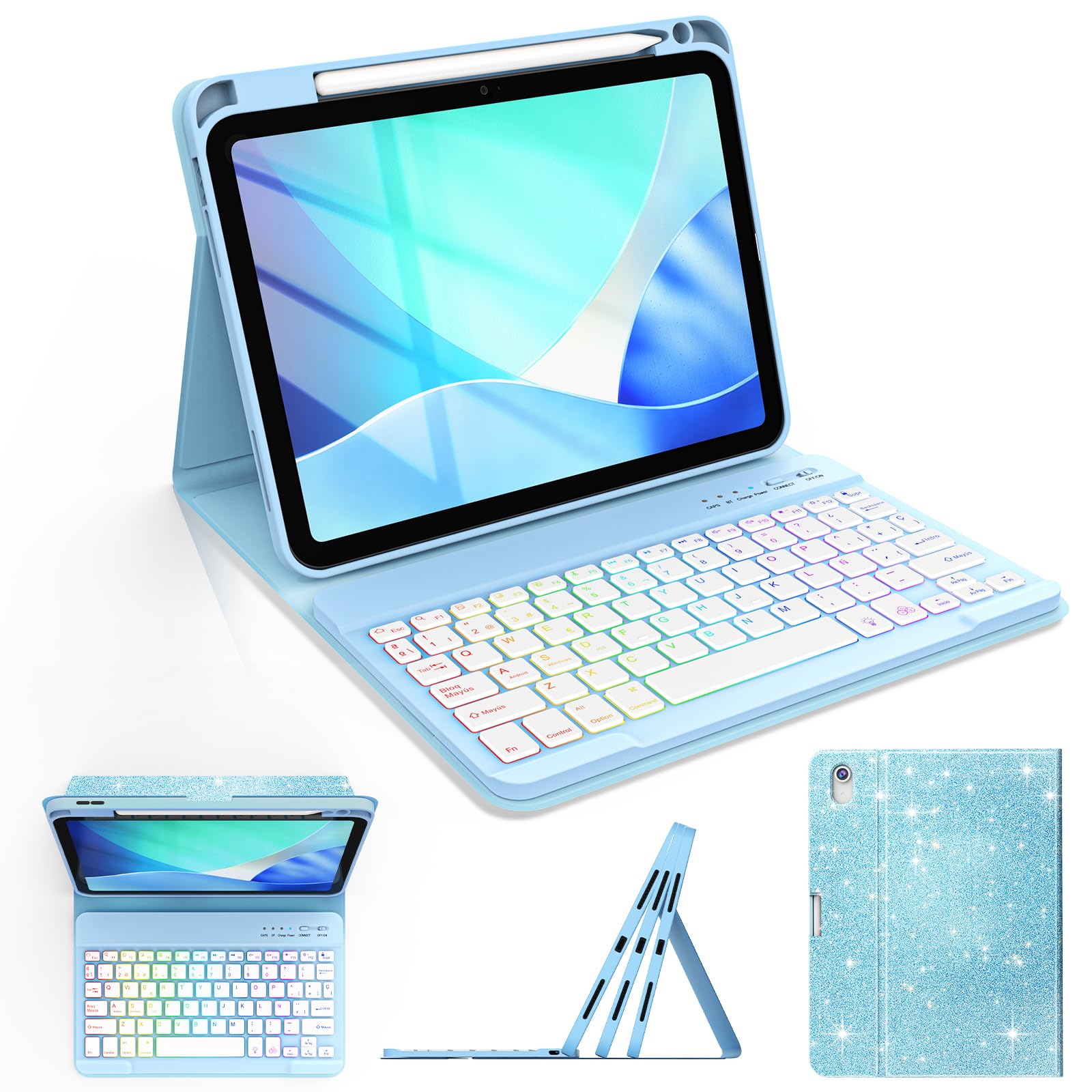 Funda con Teclado para iPad A16 11ª Generación 2025 y 10ª Generación 2022 | Teclado Bluetooth magnético desmontable con Español, Diseño Mármol,Diseño Mármol, RGB de 7 Colores, Para iPad 11ª Generación Global Recycled Standard Global Recycled Standard Global Recycled Standard