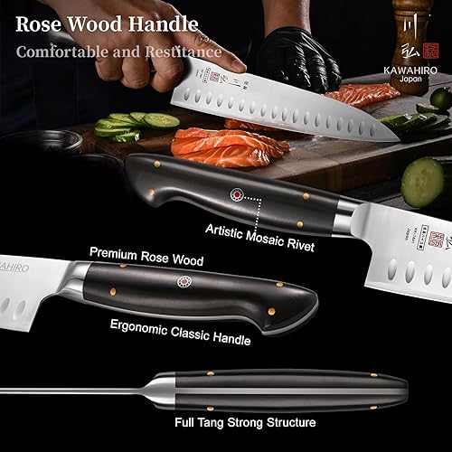 Miniatura 4 de KAWAHIRO Cuchillo de chef japonés, de 8.27 pulgadas, hechos a mano, de acero de aleación de alto carbono, cuchillo de chef hueco profesional con