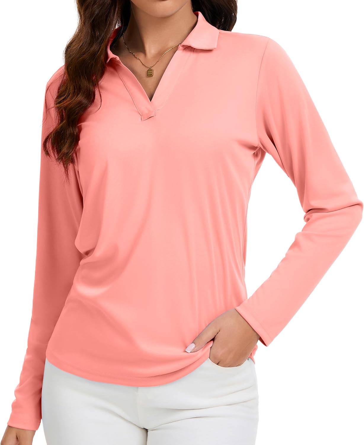 Women's V-Neck Polo Shirts Long Sleeve Quick Dry UPF 50+ Sun Protection Business Casual Collared Tops Trendy Loose