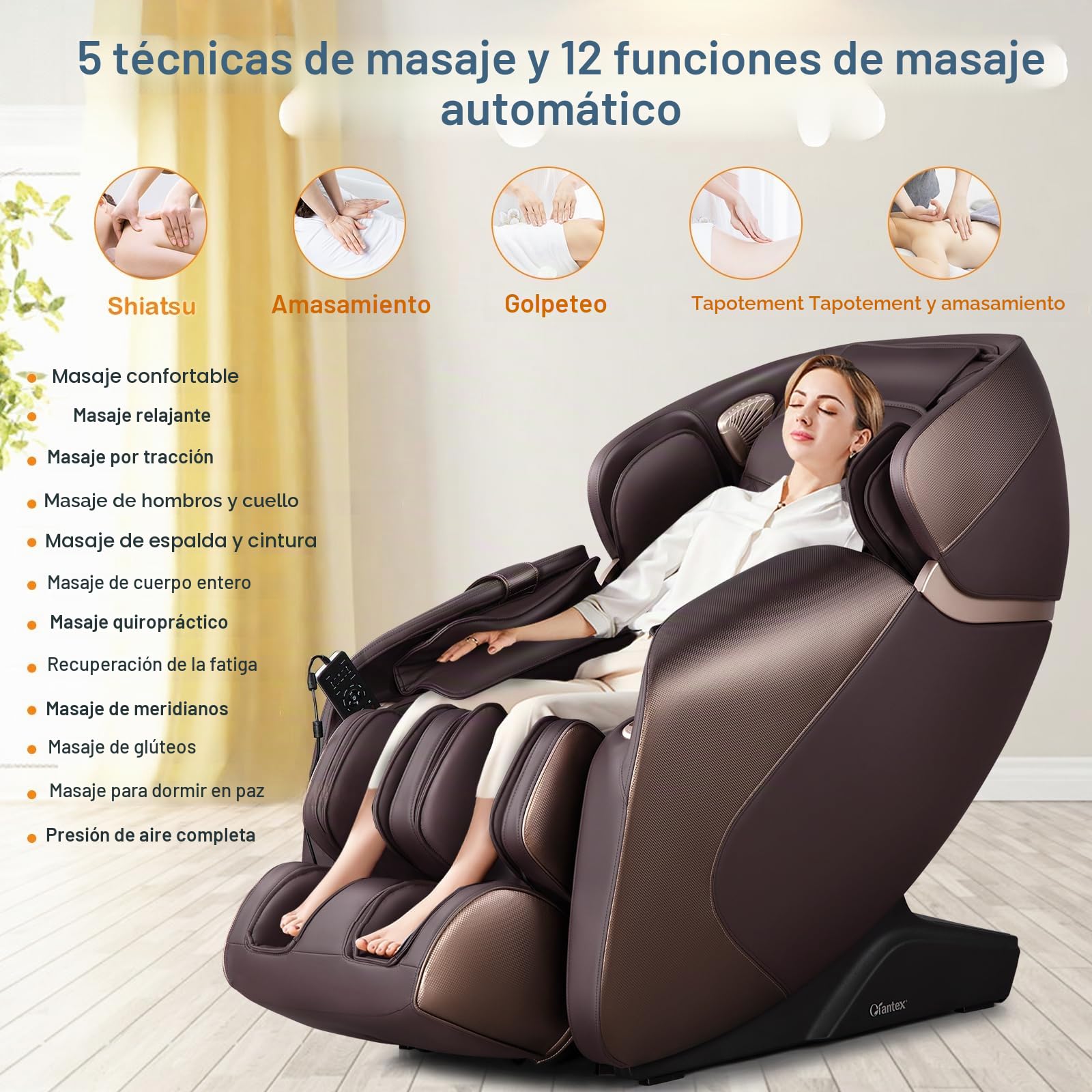 GOPLUS Sillón de Masaje Eléctrico Gravedad Cero, Sillón de Masaje Shiatsu Reclinable con Track SL, Rodillo de Pies, Control de Voz, Sillón de Relajación Bluetooth para Todo el Cuerpo (Marrón)