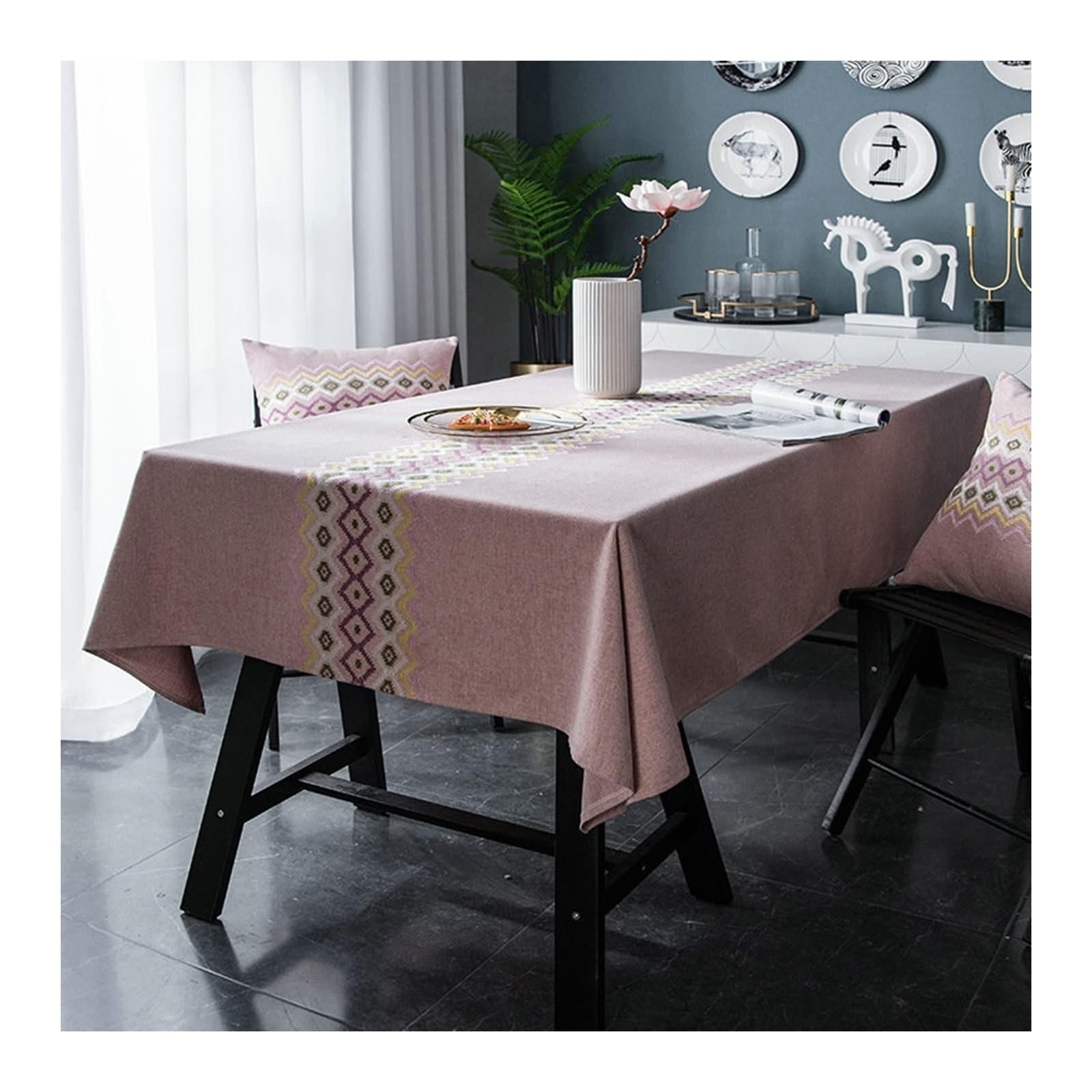 Tablecloth różowy, bawełna len zmywalny obrus haft obrus prostokątny 100 x 160 cm