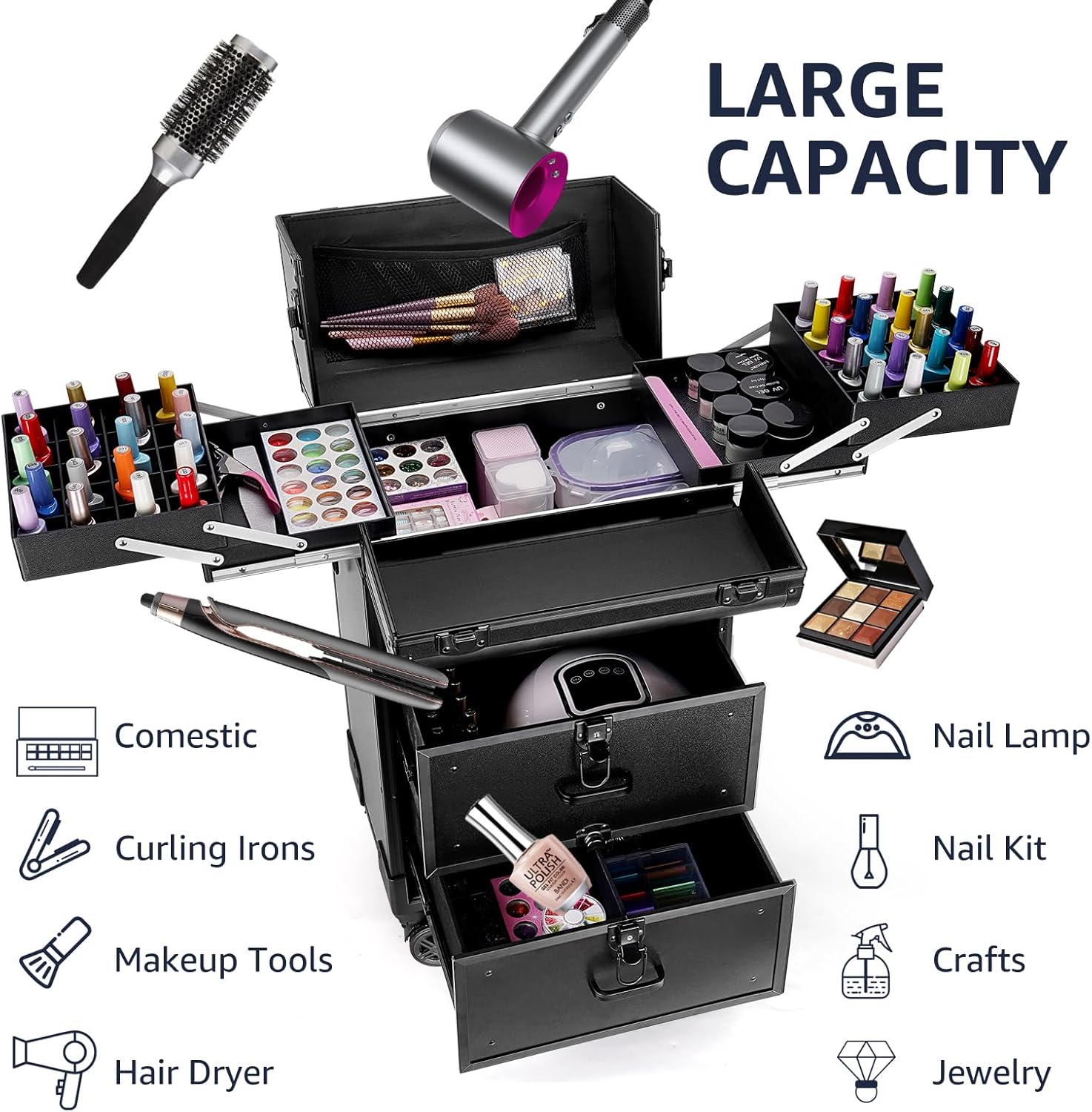 Yokilly Rolling Makeup Train Case, Professional Cosmetology Case on Wheels, Aluminum Cosmetic Trolley Travelling Cart Trunk with Swivel Wheels, Sliding Drawer & Keys for Nail Technician Stylist(Black)