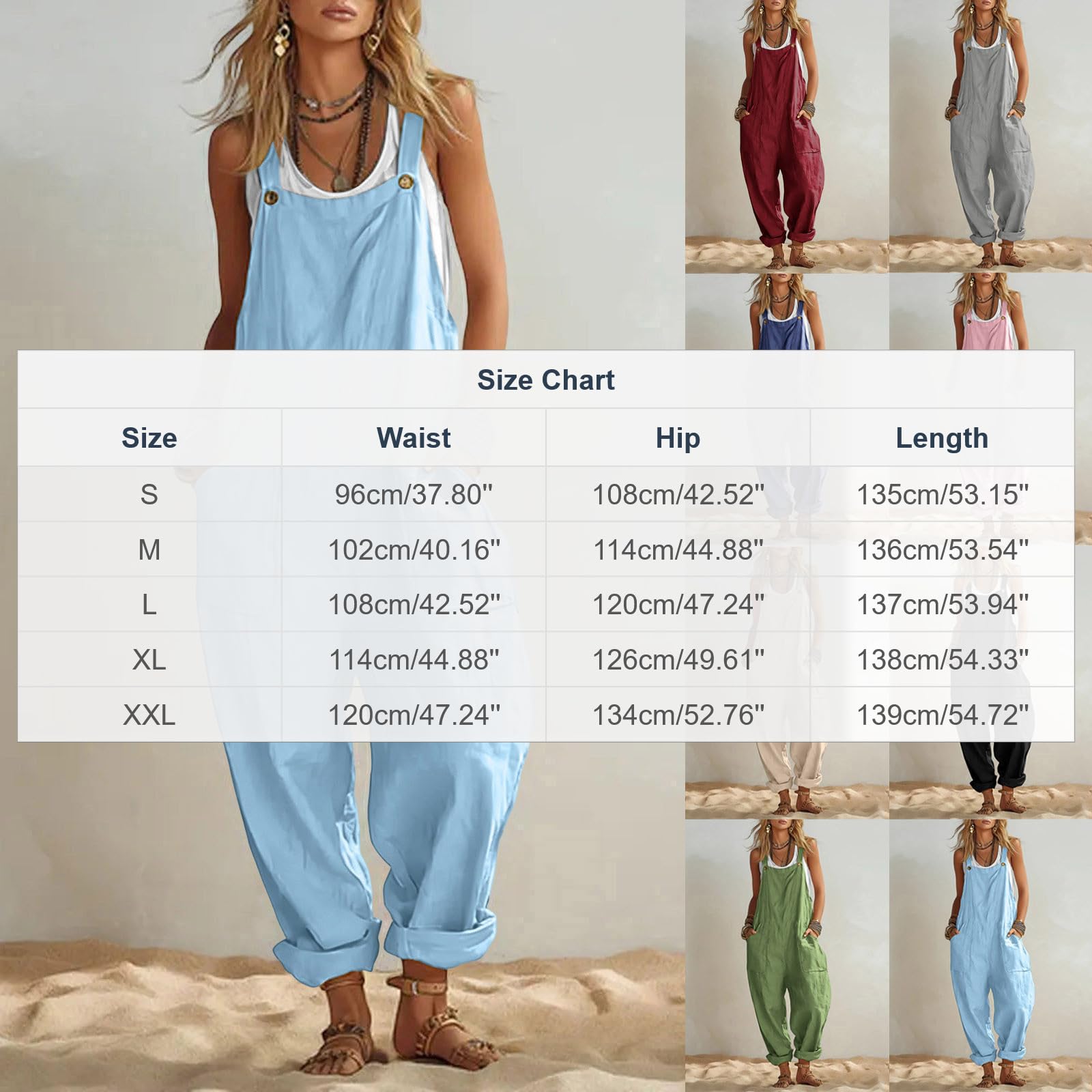 Salopette Femme D'été Coton Chic et Fluide Combinaison Longue Baggy Bretelles sans Manches Couleur Unie Coupe Ample Pantalon Confortable Poches Décontractée Jumpsuit Loose De Plage