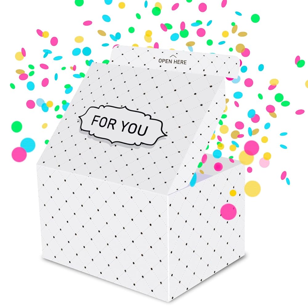 FETTIPOP Exploding Confetti Gift Box (Premium White) 7.1x5.5x4.3 inches KIT, Birthday, Party, Fathers and Mothers Day, Graduations, Anniversaries, Holidays, Any Occasion