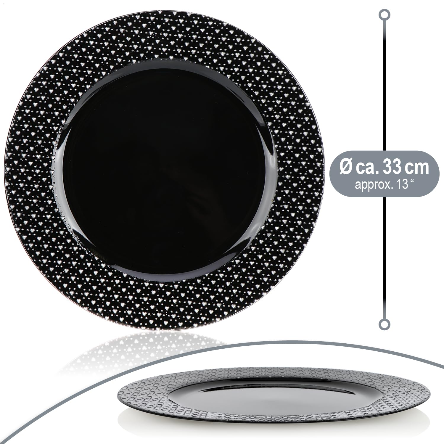 COM-FOUR® 4x podkladka blyszczaca czarna z blyszczacymi serduszkami - spodek jako dekoracja stolu - talerze dekoracyjne na wesela lub uroczystosci rodzinne - Ø 33 cm