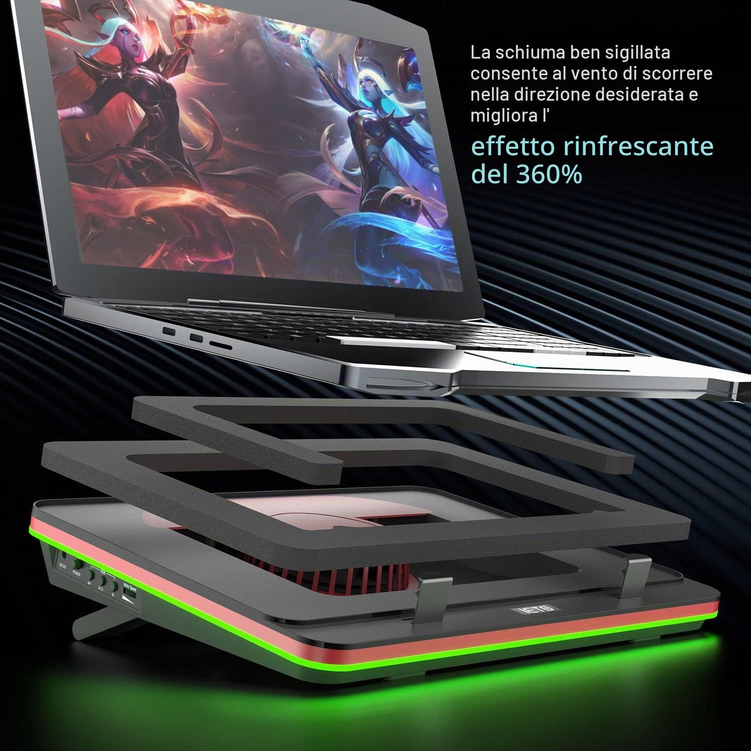 IETS GT500 Potente ventola turbo (5000 giri/min), pad di raffreddamento per laptop RGB con velocità continua, 43,9 cm (13,17,3") con 3 hub USB