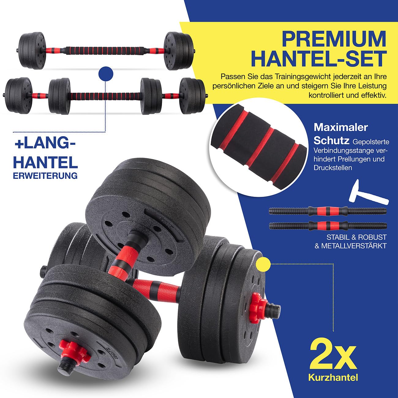 PEARL Sports Hantel: 2in1-Kurz- und Langhantel-Set, 29 kg, verstellbar, Sternverschlüsse (Kurzhantel, lang Hantel, Trainer)