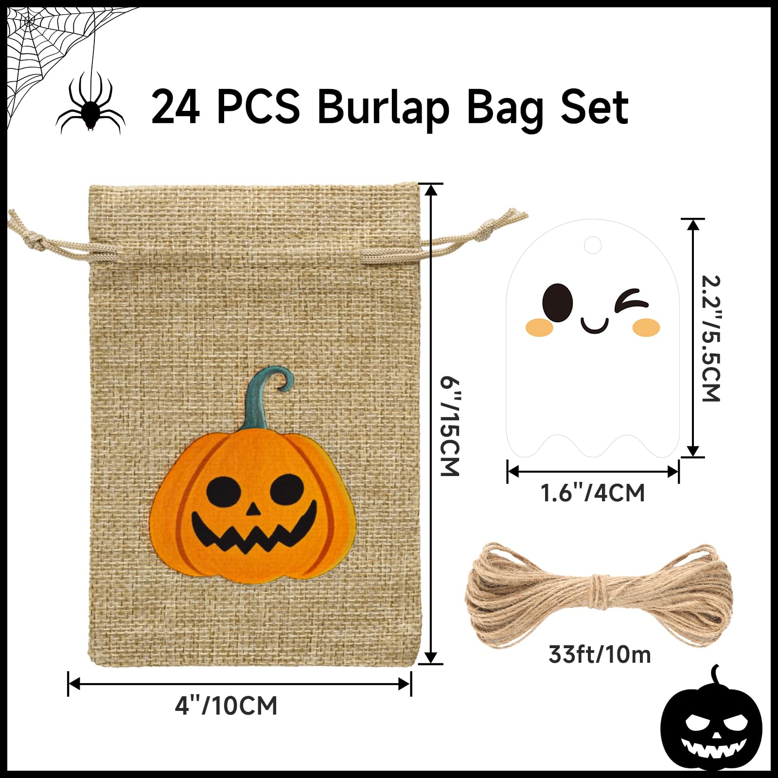 G2PLUS 24PCS Halloween Burlap Gift Bags, 10x15cm Treat Bags with Ghost Tags, Pumpkin, 10 x 15 cm - Image 3