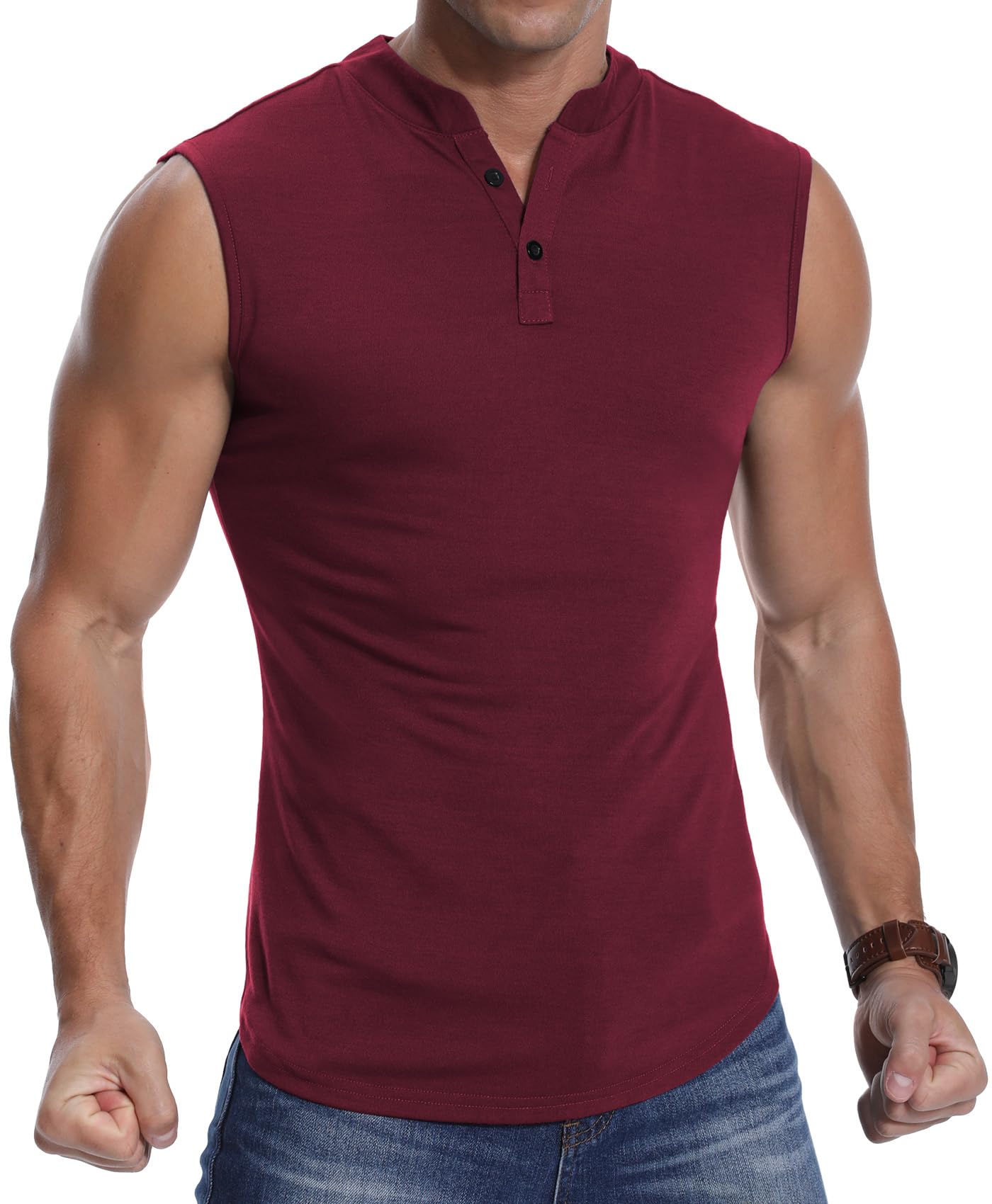 KUYIGO Camiseta Deportiva sin Mangas Henley para Hombre, Camiseta Deportiva Ajustada para Correr