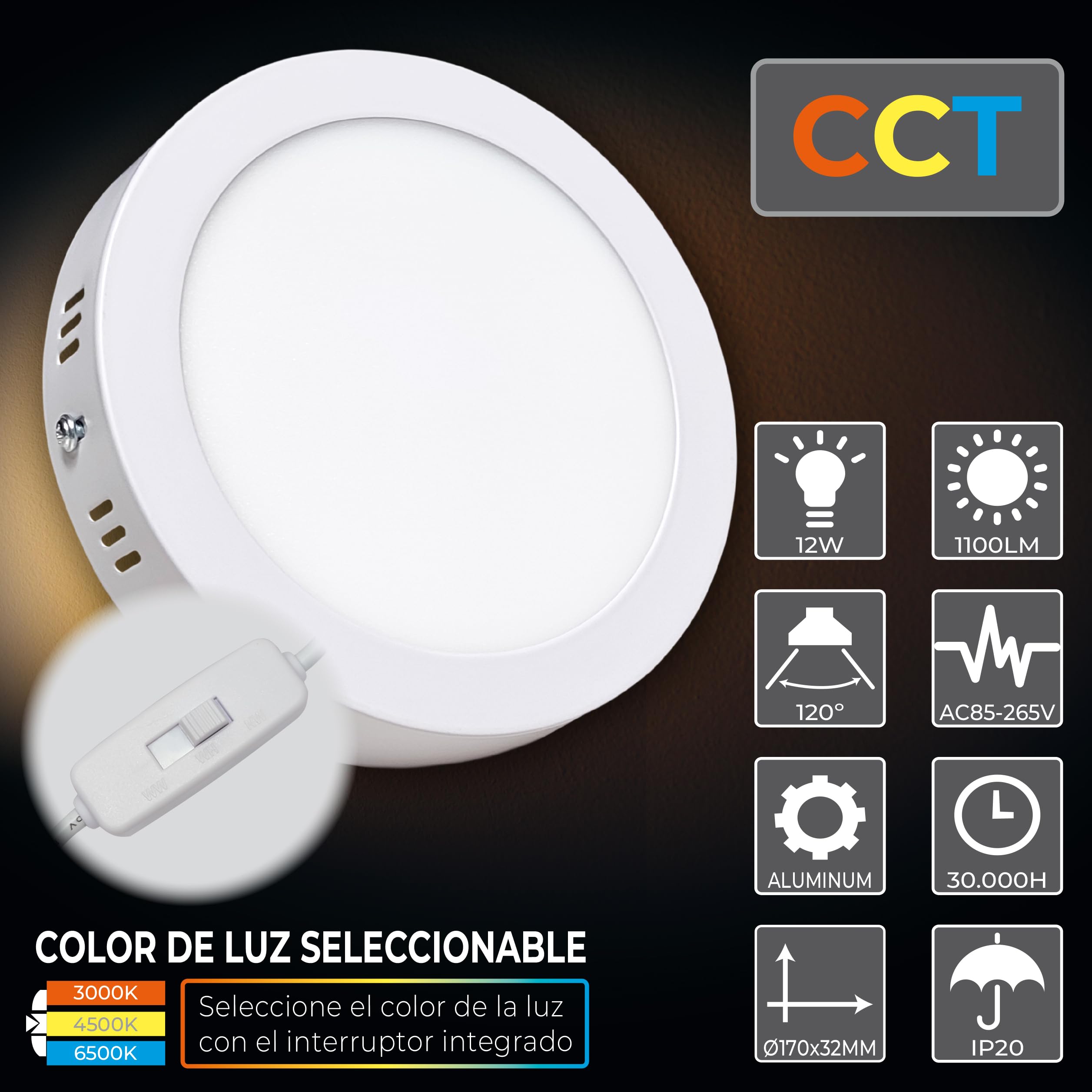 LED ATOMANT 10x Plafon LED Superficie 170mm 12W CCT 3000-6500K 1100lm | Con Selector de color CCT, Driver incluido