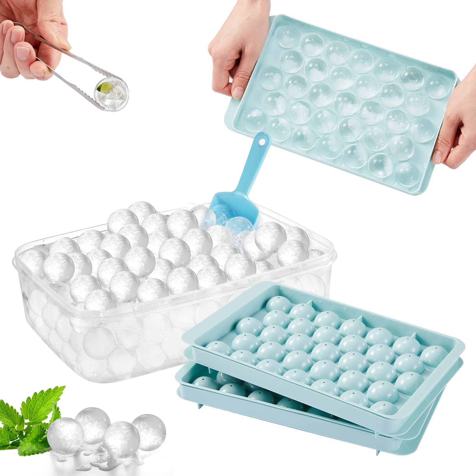 ICEDIVER Ice Cube Tray, Circle Ball Ice Trays for Freezer with Lid & Bin, Sphere Ice Cube Mold Making 66 x 1.0IN Small Round Ice Cubes(2 Blue Ice Trays, 1 Ice Bucket Scoop & Tong) - Blue