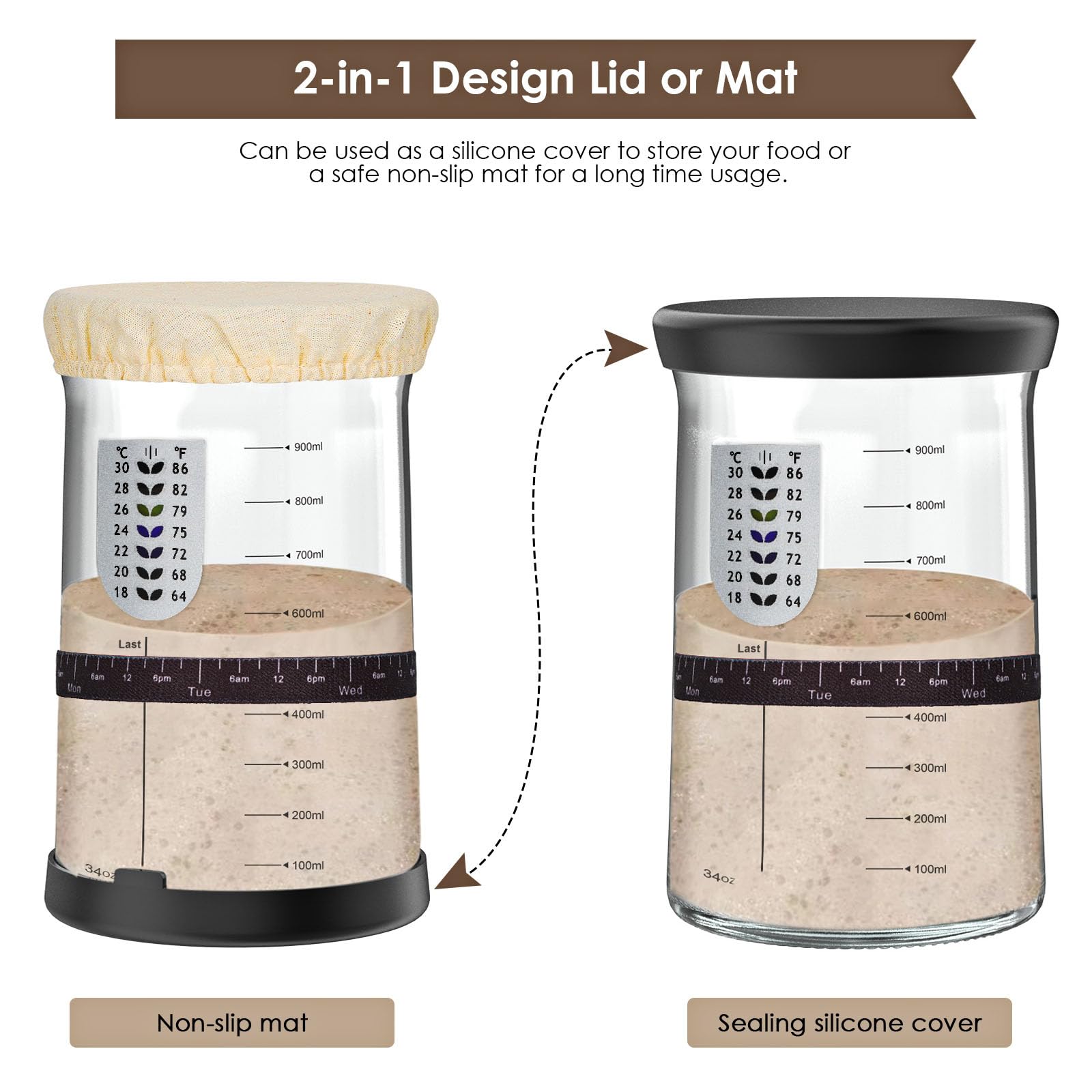 Barattolo per Lievito Madre, 1000ml Starter kit di lievito naturale Riutilizzabili, Contenitore per lievito madre, Kit Completo con Contenitore e Termometro per Panificazione Casa
