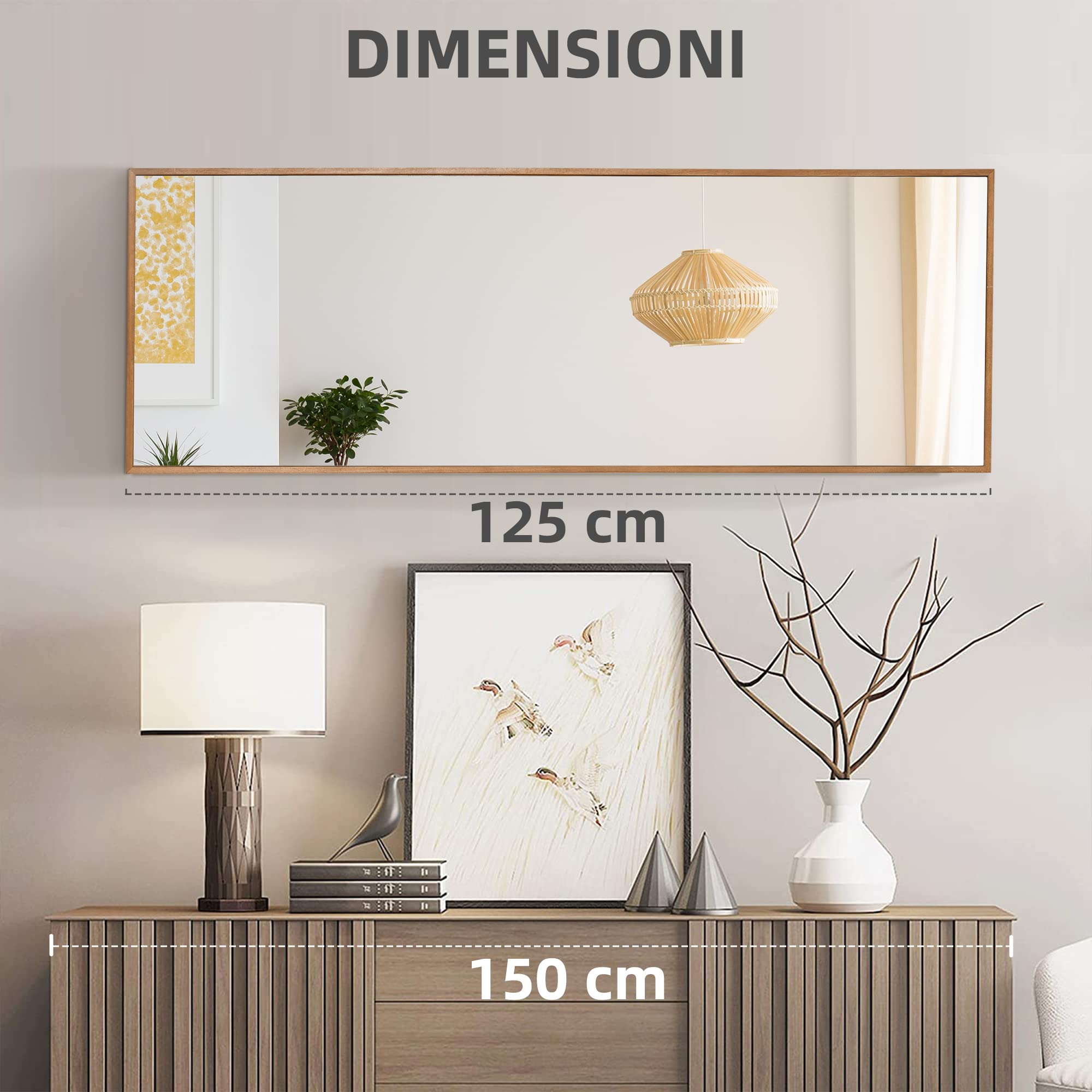 HOMCOM Specchio da Parete e da Appoggio 45x125cm Legno Naturale | Legno di Pino, Ganci inclusi