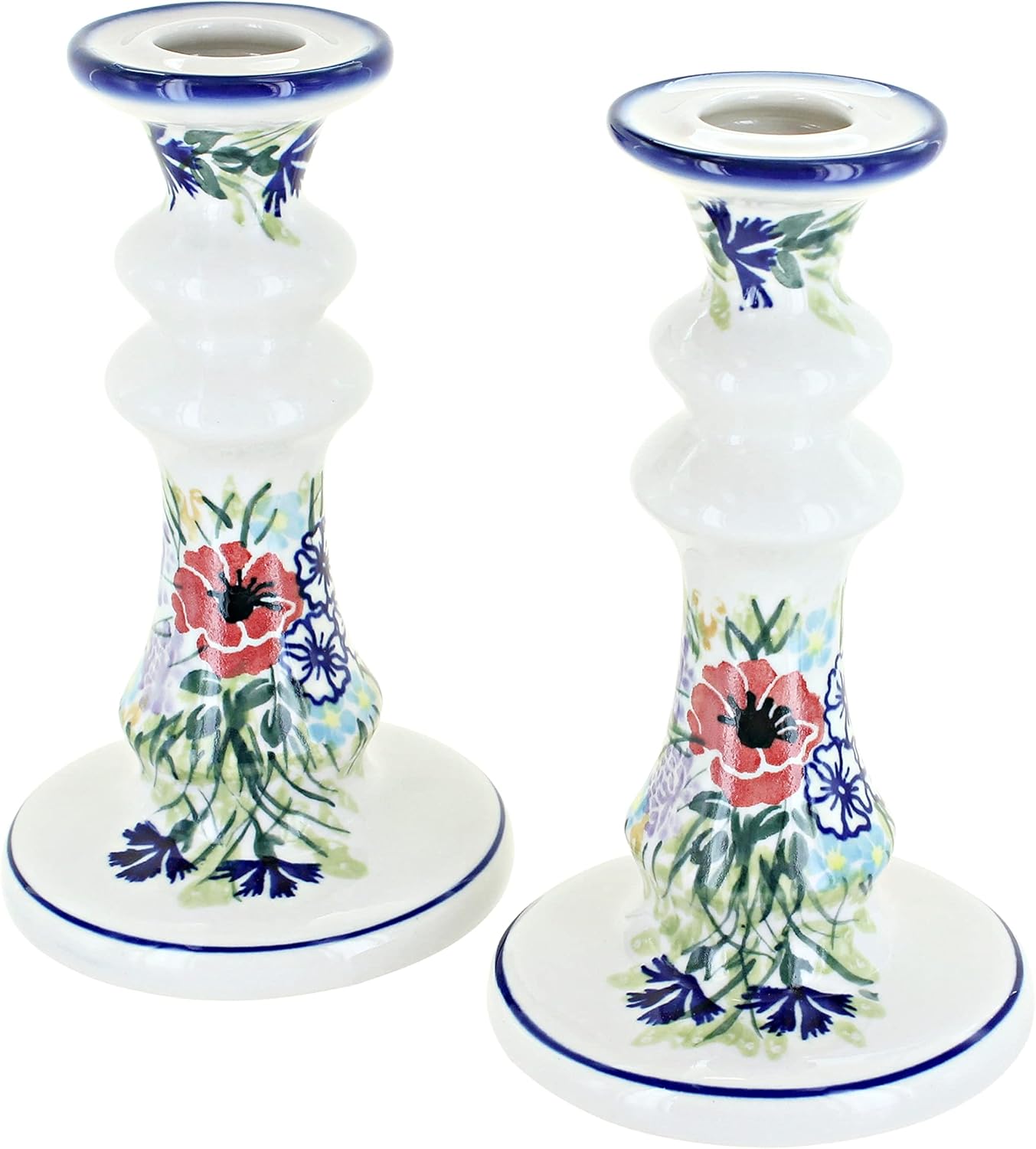 Blue Rose Polish Pottery - Red Summer Garden Tall Candlestick Pair - 7" Tall - Hand-Painted Polish Pottery Ceramic Candle Holders