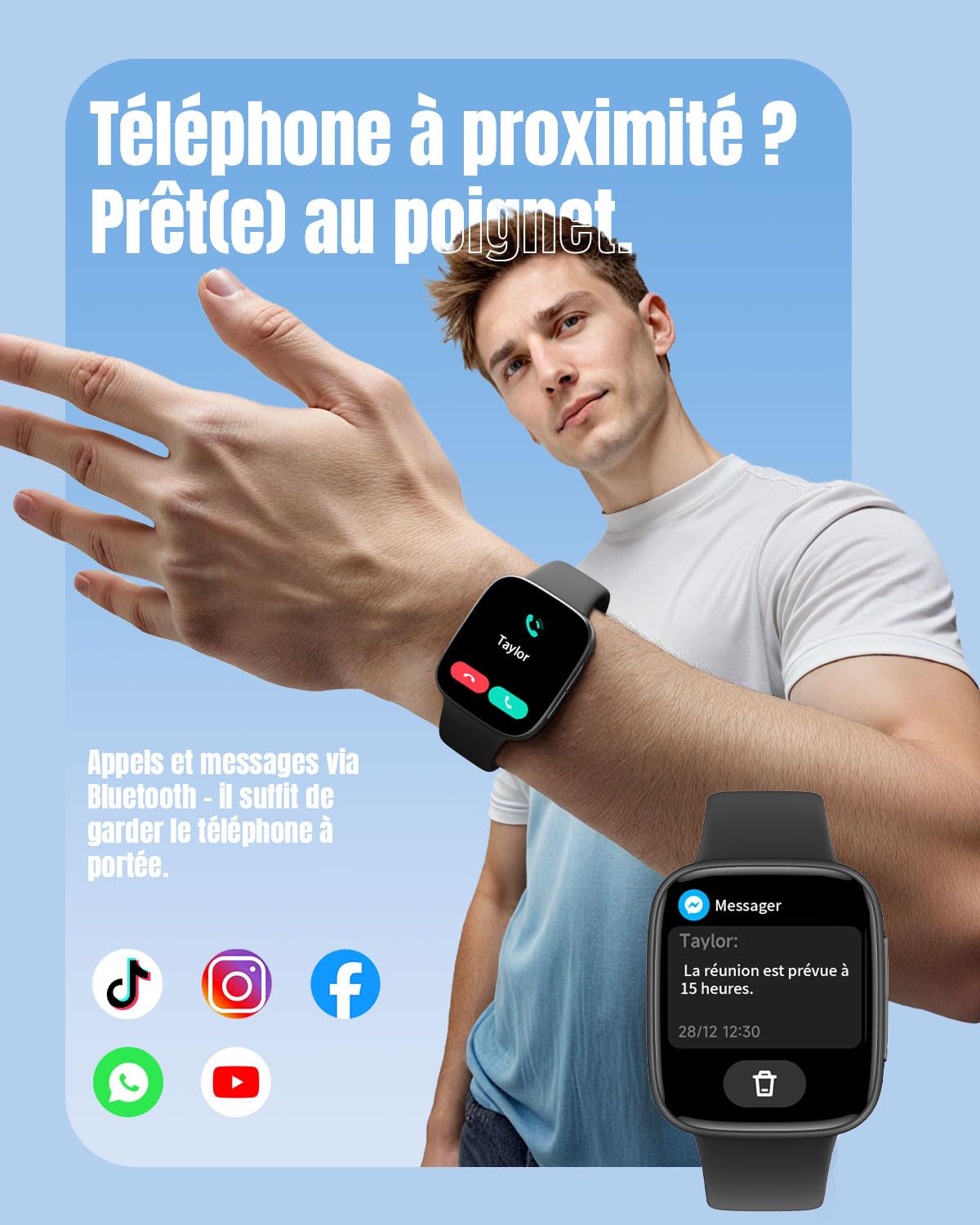 Montre Connectée Homme Femme, Écran AMOLED Ultra-Clair, Étanche 3ATM Natation, Appels Bluetooth, Suivi Cardio/Sommeil/100 Sports, Compatible Téléphones Android et iOS, Noir