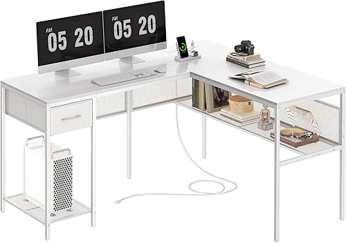 SUPERJARE Escritorio en forma de L con tomas de corriente, escritorio de computadora con cajón, escritorio de esquina reversible con estantería de