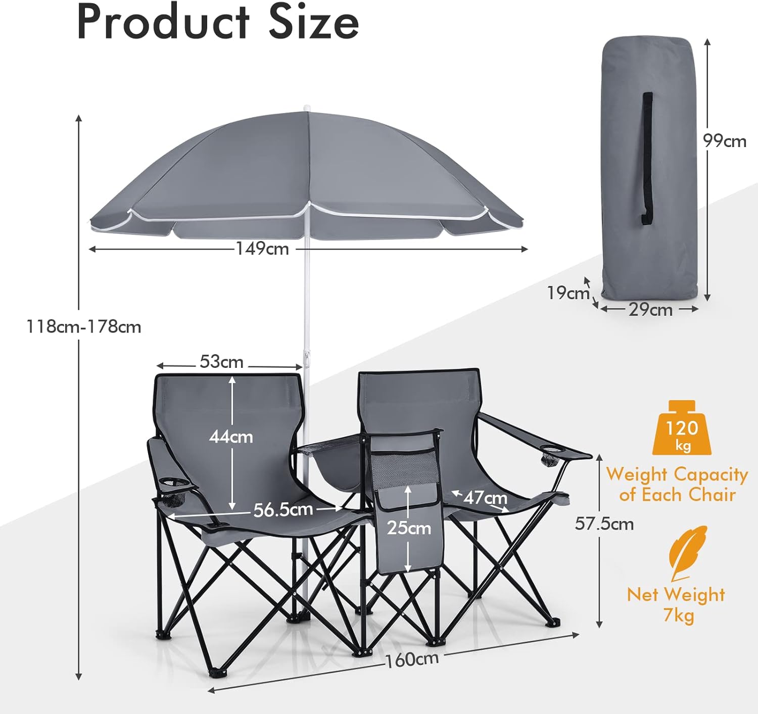 ARLIME Double Folding Beach Chairs with Umbrella, Outdoor Picnic Portable Loveseat Chairs with Removable Umbrella & Mini Table Carrying Bag, Camping Chair for Patio, Pool, Park (Grey)