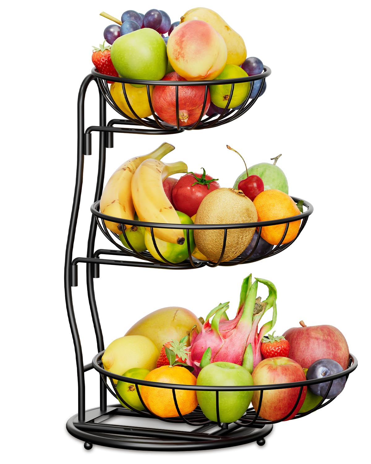 KreuRaxy 3 Tier Fruit Basket Bowl Holder for Kitchen Counter, Large Capacity Fruit Organizer Stand for Countertop, Space Saving Metal Wire Fruit Racks, Modern Design Tiered Fruit Storage, Black