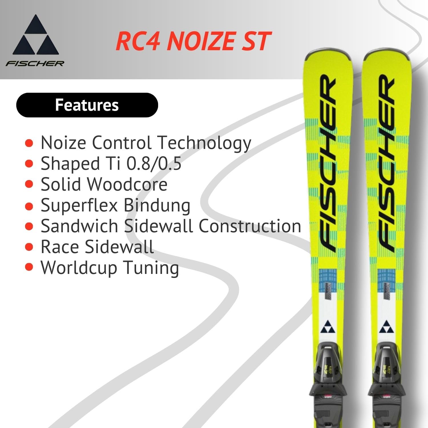 Ski Alpinski Carvingski Slalomski - Fischer RC4 Noize ST Yellow Superflex - On-Piste Rocker - inkl. Bindung RC4 Z12 GW Z3,5-12 - für präparierte Piste only - geeignet für Gute Fahrer und Experten