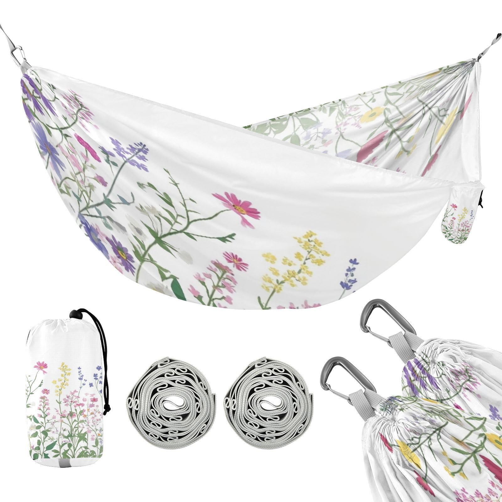 Haskirky Wildflowers Camping Hammock, Single Portable Hammocks with Tree Straps & Attached Carry Bag, 330Lbs Capacity Perfect for Outside Indoor Hiking Beach Backpack Travel