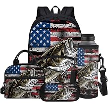Bass American Flag Pattern Backpack for Boys School Bags Set with Insulated Lunch Bag Cooler Water Bottle Sleeve Pencil Pen Case 4 Pieces for Teenage Student