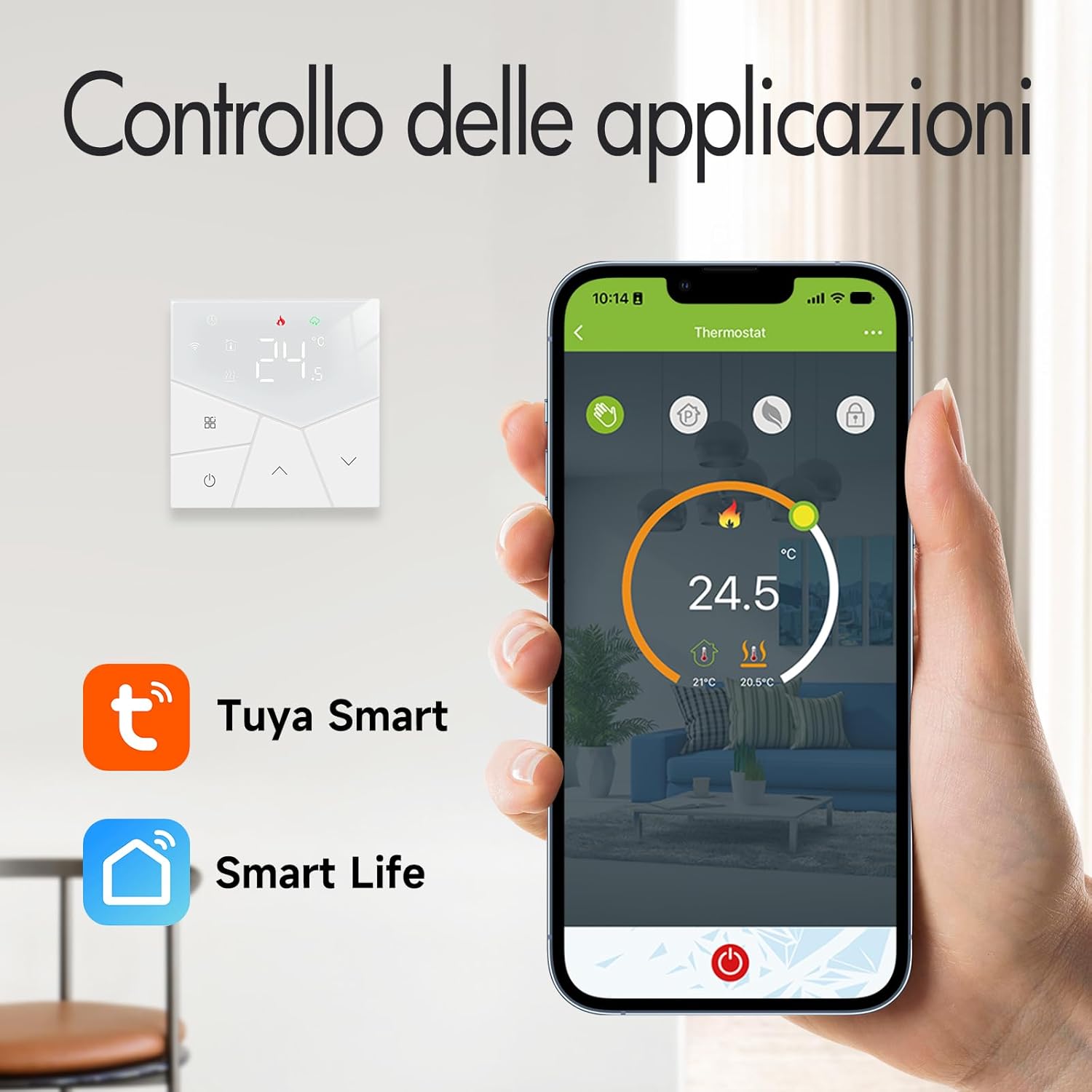 Hand holding a smartphone displaying the Tuya Smart or Smart Life application for controlling the Beok TGP55W-WIFI-EP thermostat.