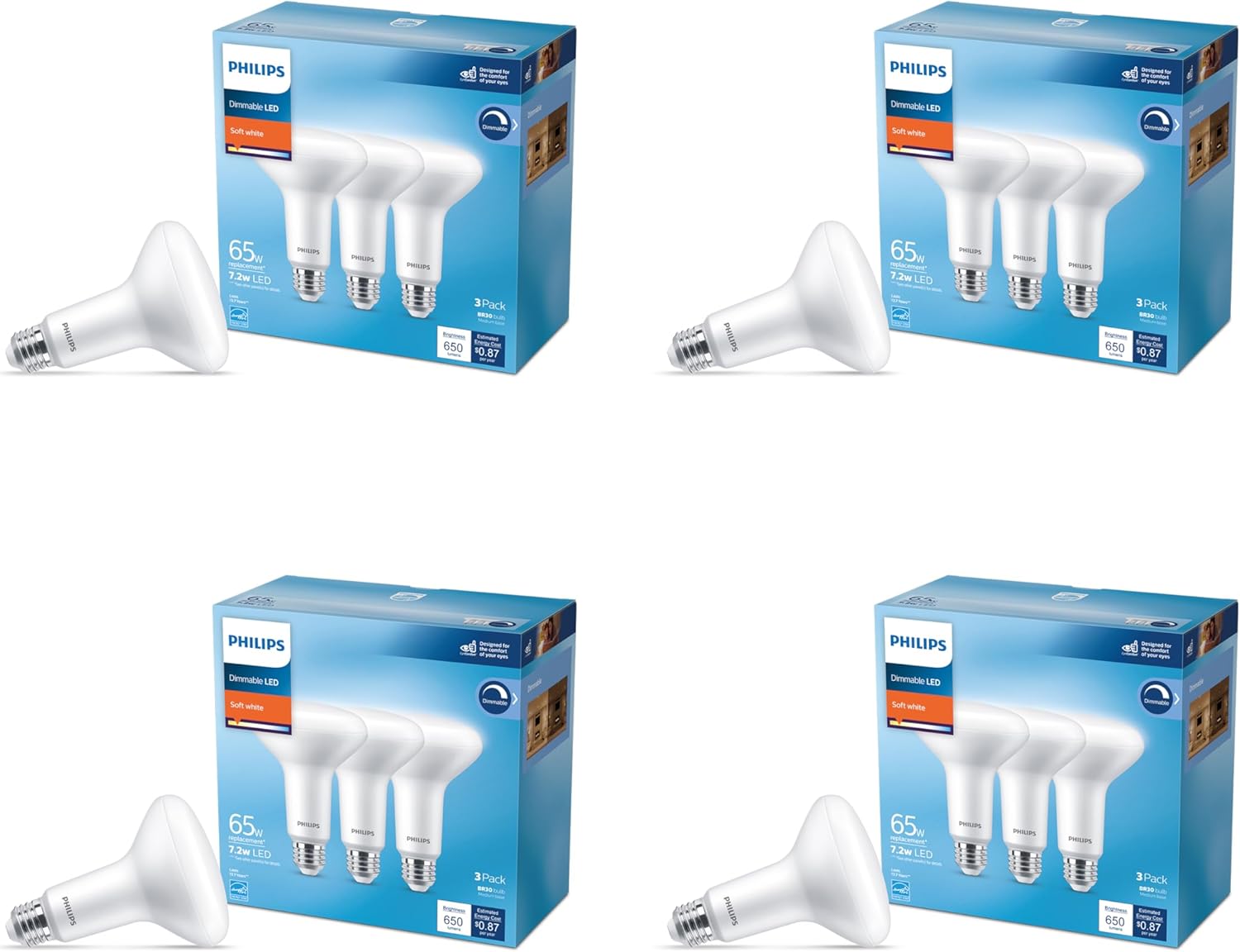 Philips LED 65W BR30 12-Pack Basic LED Soft White (7.2W = 65W) Dimmable Frosted Flicker-Free Light Bulb