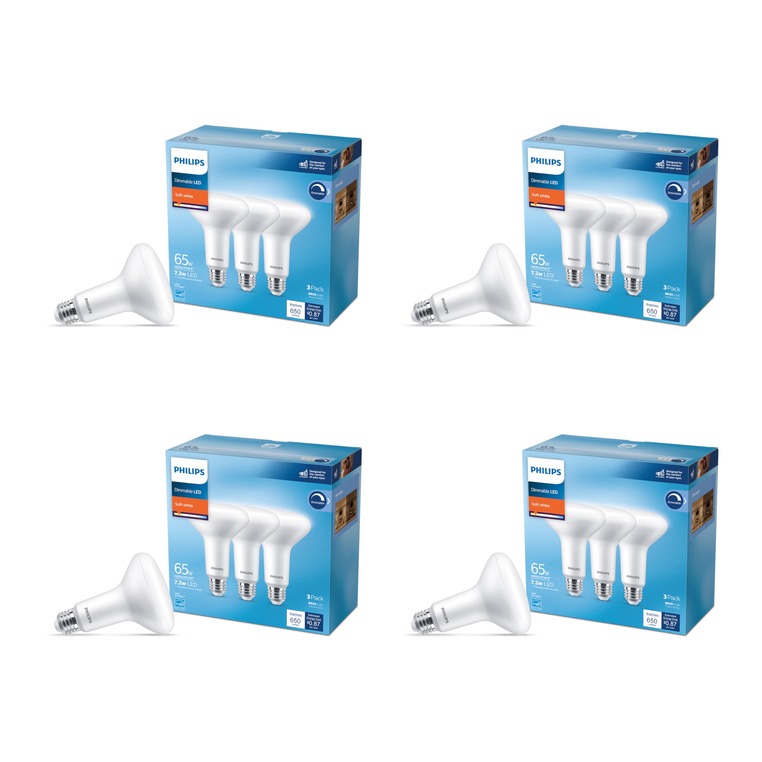 Philips LED 65W BR30 12-Pack Basic LED Soft White (7.2W = 65W) Dimmable Frosted Flicker-Free Light Bulb